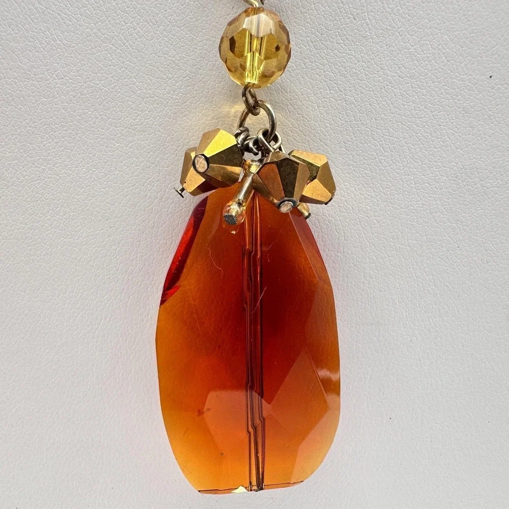 Vintage 90s Amber Citrine Glass Pendant Necklace Gold Tone Beaded Boho Statement